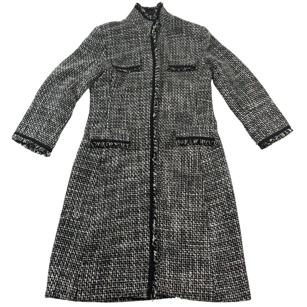 Womens 4 Black White Coat Fringe‎ Tweed Boucle Retro Classic Quiet Luxury Retro